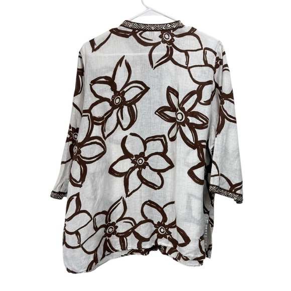 Laura Ashley Size 2X White Brown 3/4 Sleeve 100% Linen Beaded Tunic Blouse - Picture 2 of 7